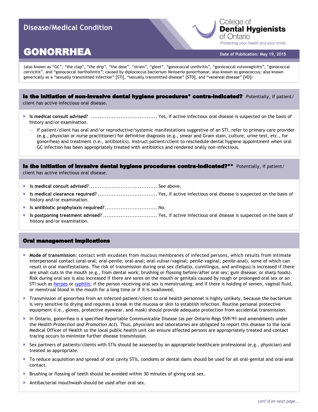 CDHO Factsheet Gonorrhea