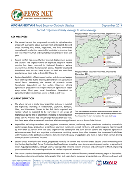 Map of Afghanistan Showing Projected Food Security Outcomes, September