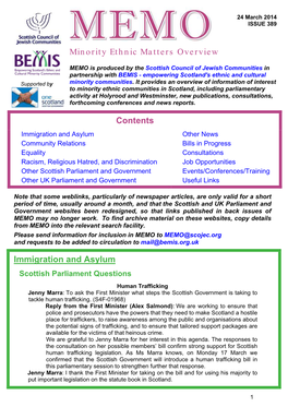 MEMO Is Produced by the Scottish Council of Jewish Communities in Partnership with BEMIS - Empowering Scotland's Ethnic and Cultural