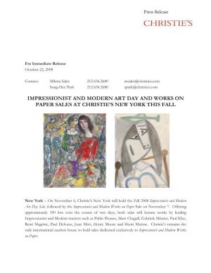 Impressionist and Modern Art Day and Works on Paper Sales at Christie’S New York This Fall