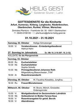 GOTTESDIENSTE Für Die Kirchorte 23.08.2021
