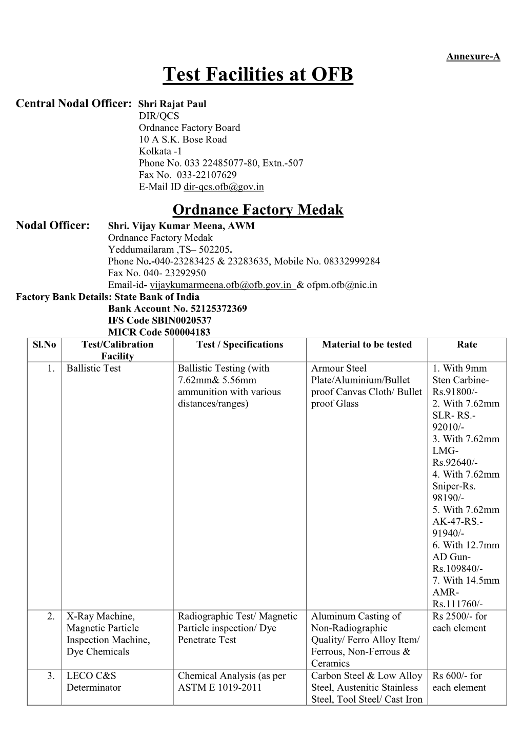 Test Facilities at OFB