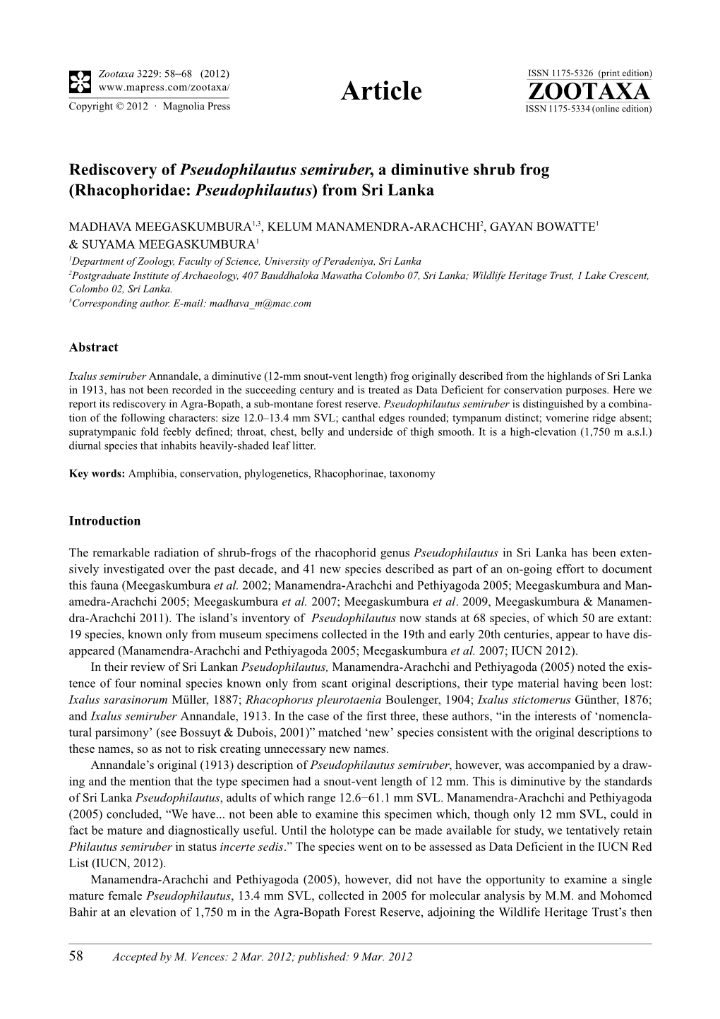 Rhacophoridae: Pseudophilautus) from Sri Lanka