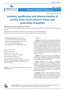 Isolation Purification and Characterization of Protein from Litchi Chinensis Honey and Generation of Peptides