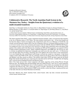 Collaborative Research: the North Anatolian Fault System in the Marmara Sea, Turkey - Insights from the Quaternary Evolution of a Multi-Stranded Transform