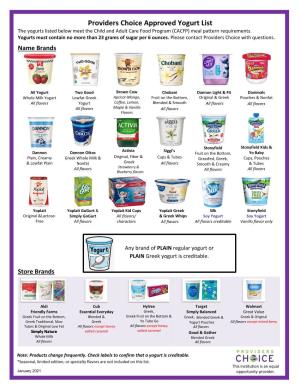 Providers Choice Approved Yogurt List the Yogurts Listed Below Meet the Child and Adult Care Food Program (CACFP) Meal Pattern Requirements