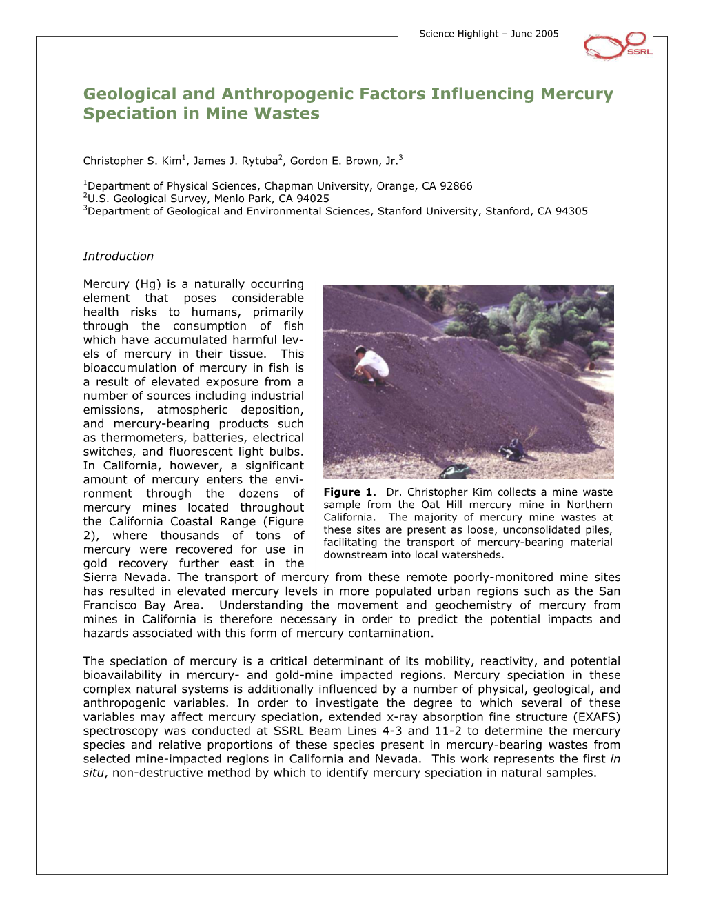 Geological and Anthropogenic Factors Influencing Mercury Speciation in Mine Wastes