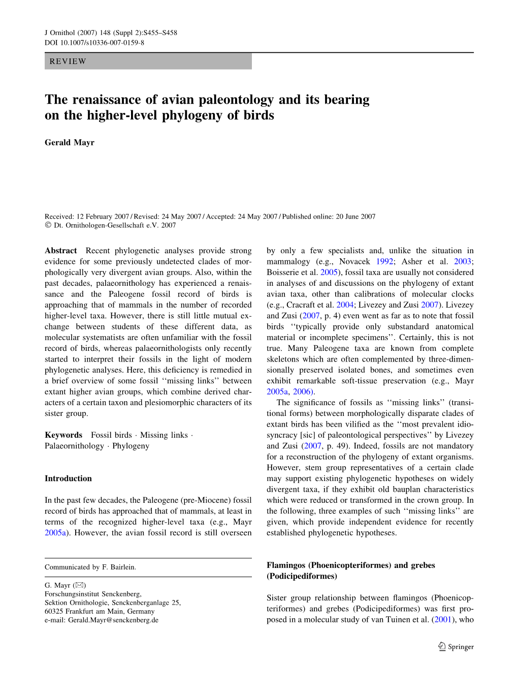 The Renaissance of Avian Paleontology and Its Bearing on the Higher-Level Phylogeny of Birds