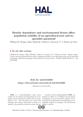 Density Dependence and Environmental Factors Affect Population Stability of an Agricultural Pest and Its Specialist Parasitoid William H