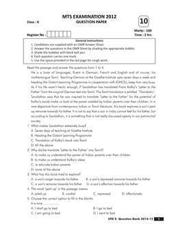 MTS EXAMINATION 2012 Class : X QUESTION PAPER 10