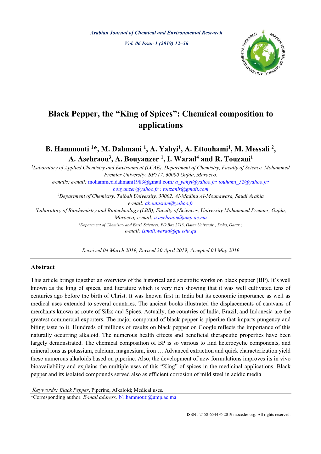 Black Pepper, the “King of Spices”: Chemical Composition to Applications