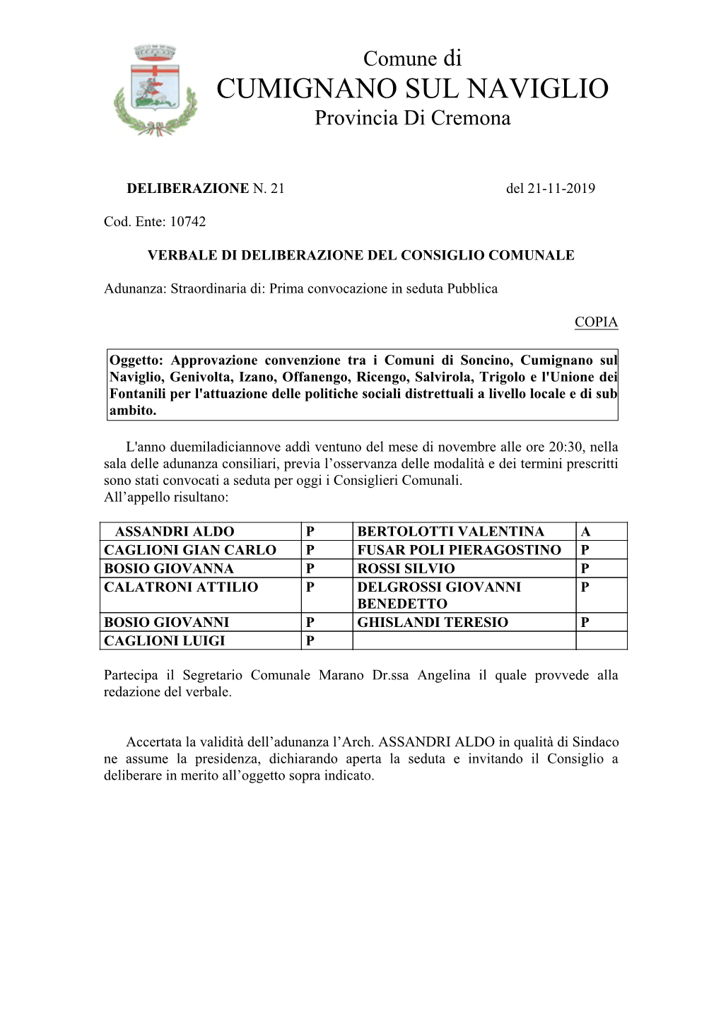 Approvazione Convenzione Tra I Comuni Di Soncino, Cumignano Sul