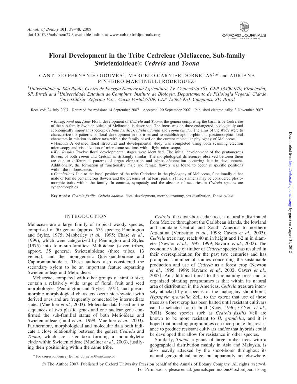 (Meliaceae, Sub-Family Swietenioideae): Cedrela and Toona