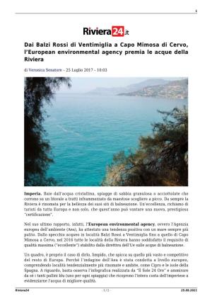 Dai Balzi Rossi Di Ventimiglia a Capo Mimosa Di Cervo, L’European Environmental Agency Premia Le Acque Della Riviera