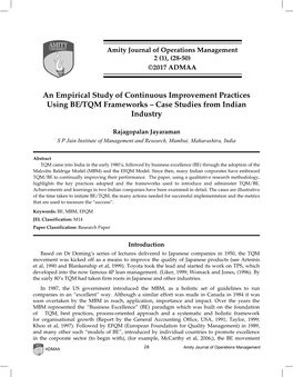 An Empirical Study of Continuous Improvement Practices Using BE/TQM Frameworks – Case Studies from Indian Industry