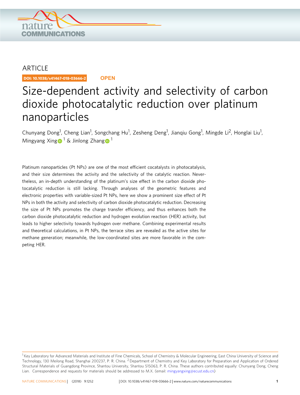 Size-Dependent Activity and Selectivity of Carbon Dioxide Photocatalytic Reduction Over Platinum Nanoparticles