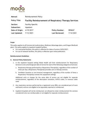 Facility Reimbursement of Respiratory Therapy Services