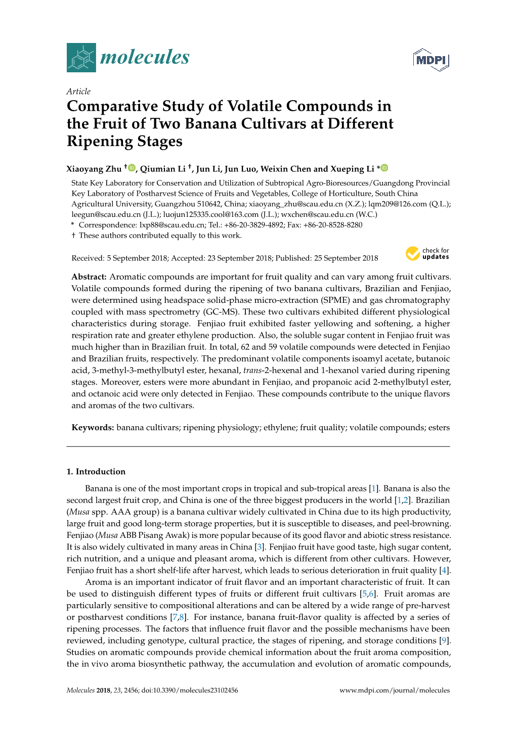 Comparative Study of Volatile Compounds in the Fruit of Two Banana Cultivars at Different Ripening Stages