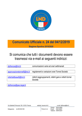 Comunicato Ufficiale N. 24 Del 04/12/2019