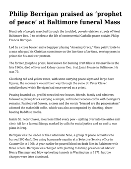 Philip Berrigan Praised As 'Prophet of Peace' at Baltimore Funeral Mass