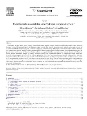 Metal Hydride Materials for Solid Hydrogen Storage: a Reviewଁ