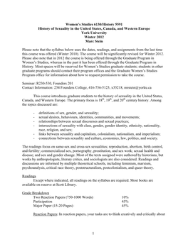 History 5591 History of Sexuality in the United States, Canada, and Western Europe York University Winter 2012 Marc Stein