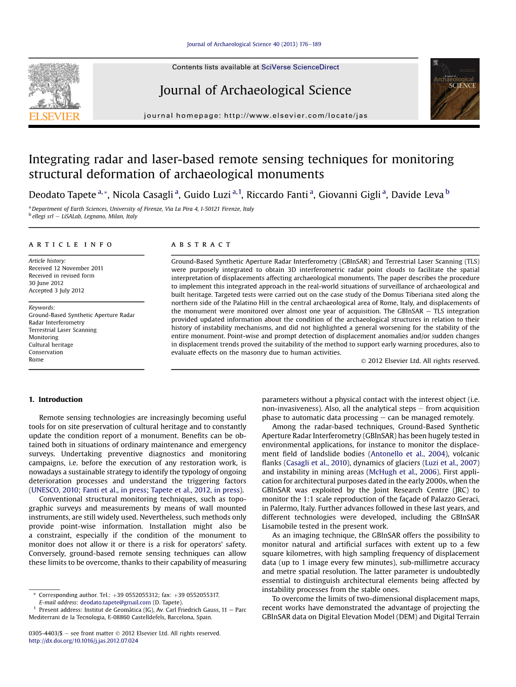 Integrating Radar and Laser-Based Remote Sensing Techniques for Monitoring Structural Deformation of Archaeological Monuments