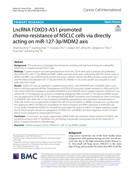 Lncrna FOXD3-AS1 Promoted Chemo-Resistance of NSCLC Cells