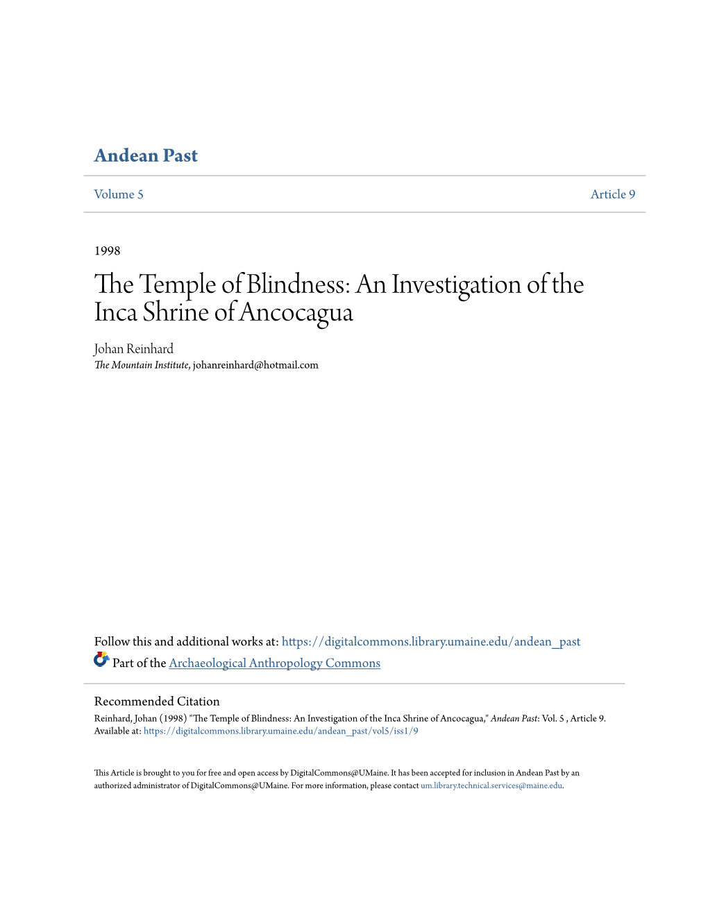 The Temple of Blindness: an Investigation of the Inca Shrine of Ancocagua