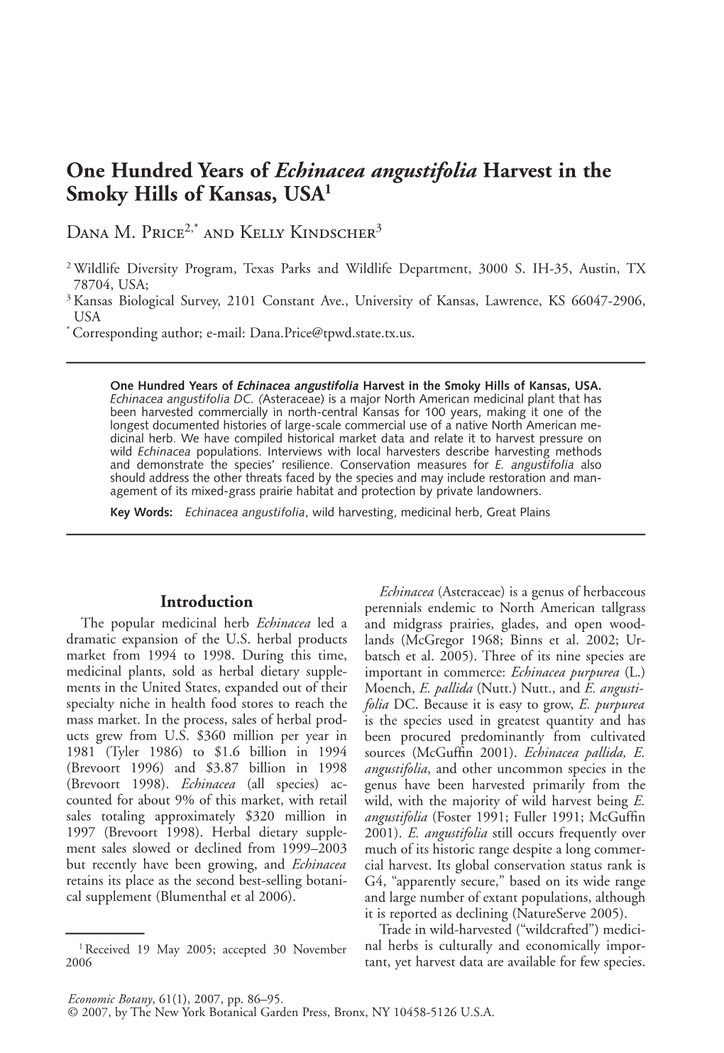 One Hundred Years of Echinacea Angustifolia Harvest in the Smoky Hills of Kansas, USA1 Dana M