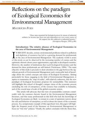 Reflections on the Paradigm of Ecological Economics for Environmental Management