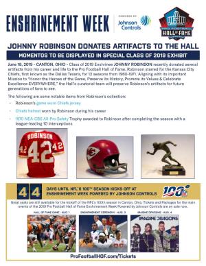 Johnny Robinson Donates Artifacts to the Hall Momentos to Be Displayed in Special Class of 2019 Exhibit