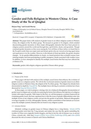 Gender and Folk-Religion in Western China: a Case Study of the Tu of Qinghai