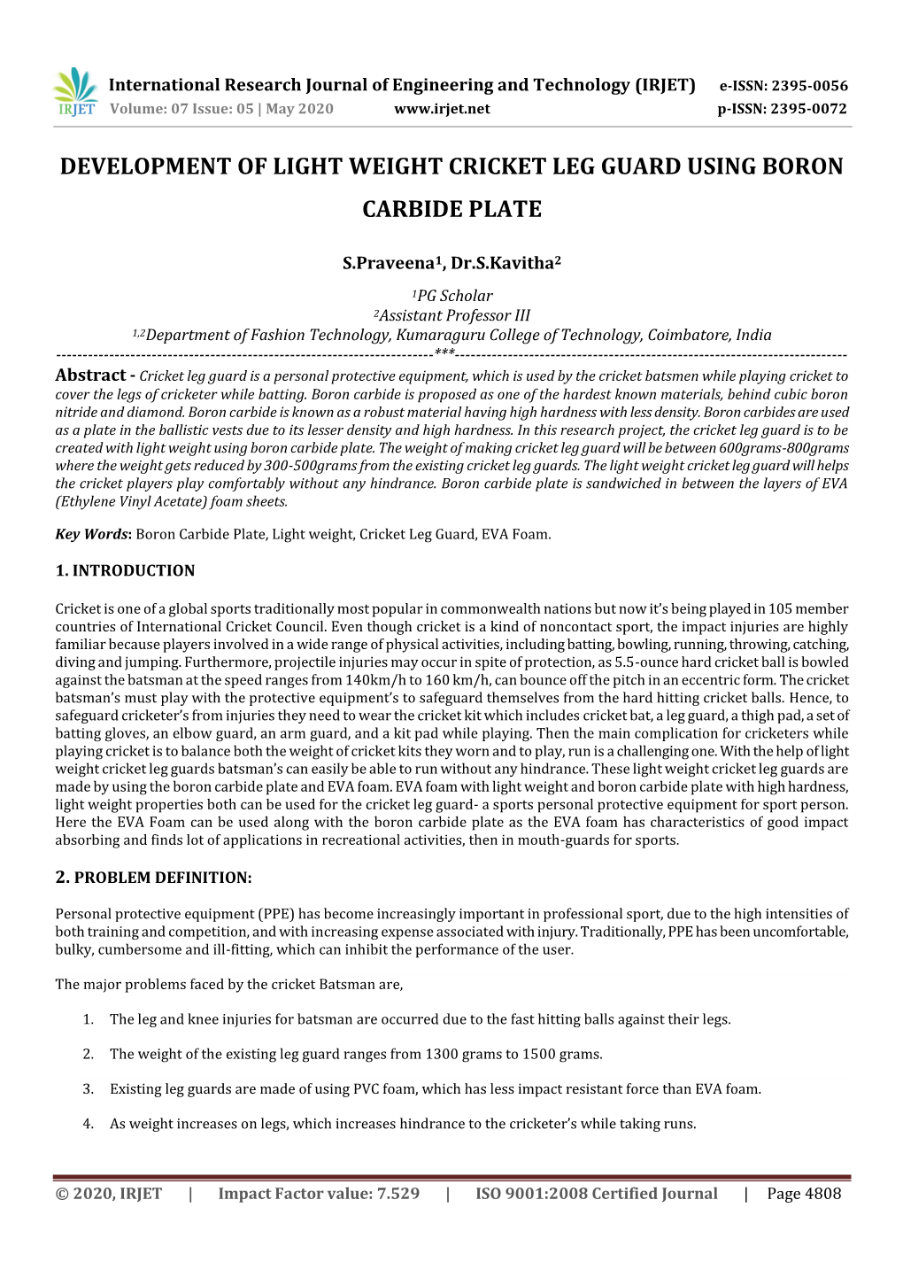 Development of Light Weight Cricket Leg Guard Using Boron Carbide Plate