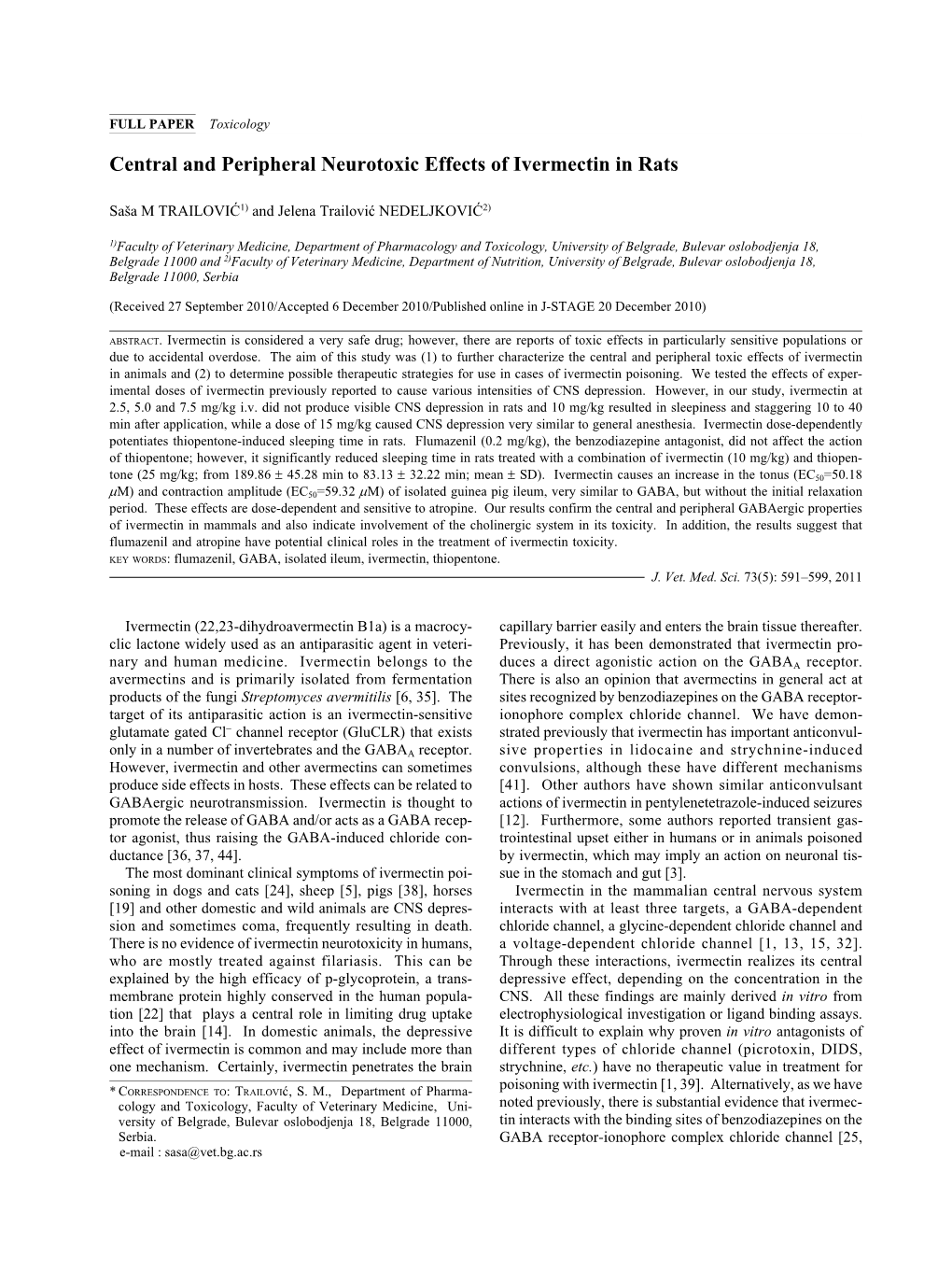 Central and Peripheral Neurotoxic Effects of Ivermectin in Rats