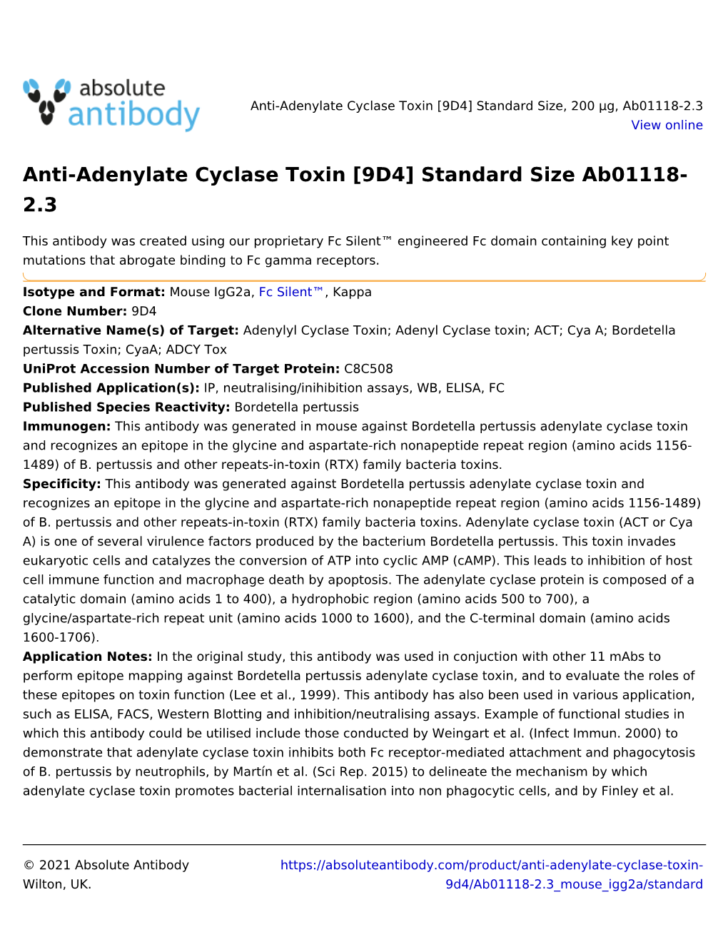 Anti-Adenylate Cyclase Toxin [9D4] Standard Size Ab01118- 2.3