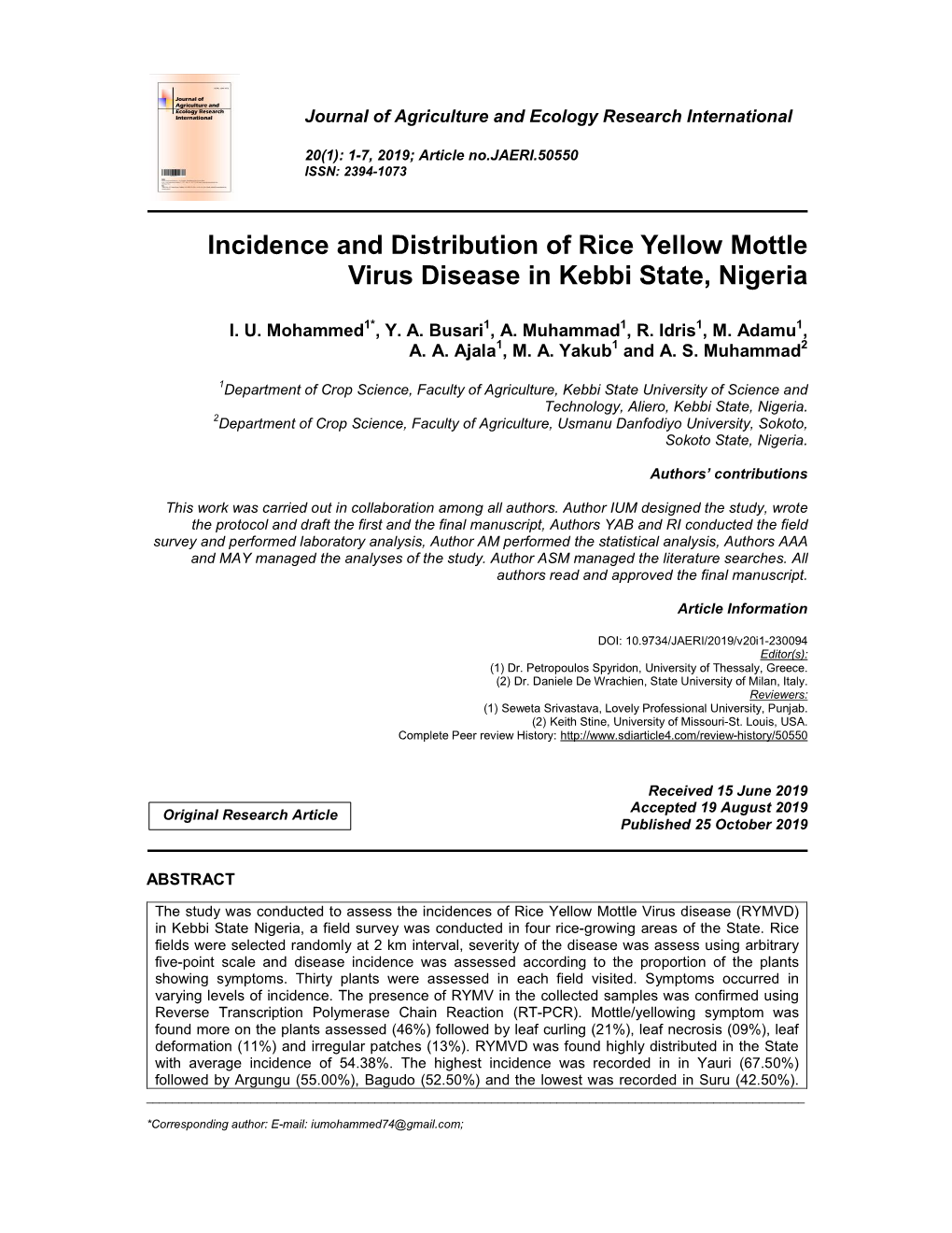 Incidence and Distribution of Rice Yellow Mottle Virus Disease in Kebbi State, Nigeria