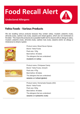 Customer Notice: Yekta Products Recall