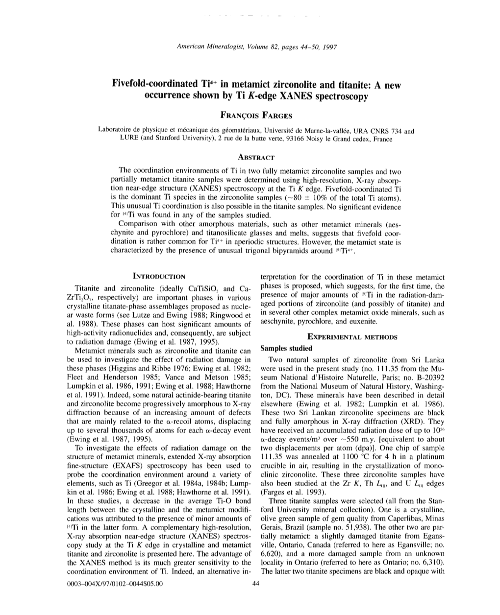 Fivefold-Coordinated Ti4+In Metamict Zirconolite and Titanite: a New Occurrence Shown by Ti K-Edge XANES Spectroscopy