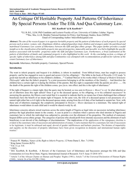 An Critique of Heritable Property and Patterns of Inheritance by Special Persons Under the Efik and Qua Customary Law. B.E