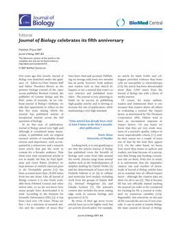 Journal of Biology Celebrates Its Fifth Anniversary Biomedcentral