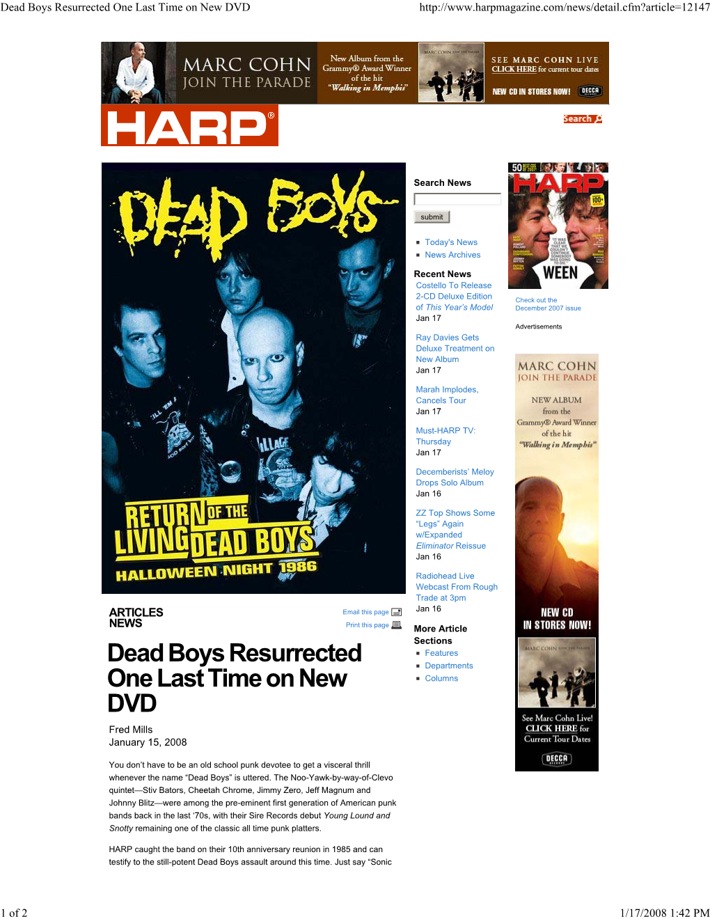 Dead Boys Resurrected One Last Time on New DVD