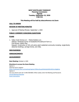 WEST WHITELAND TOWNSHIP Planning Commission Agenda Tuesday, September 15, 2020 7:00 P.M. This Meeting Will Be Held by Teleconfer