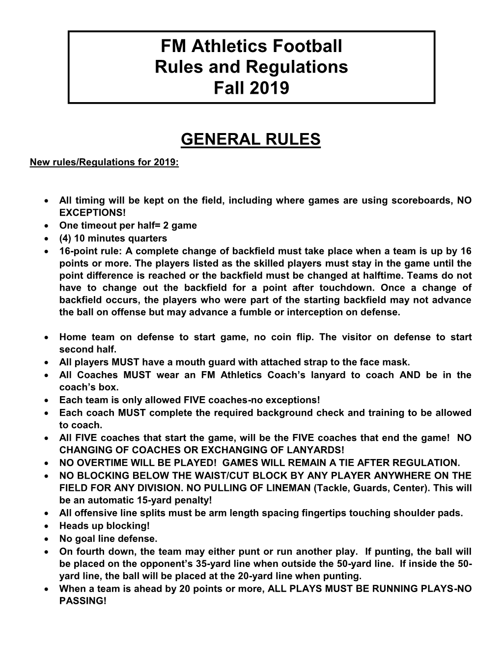 FM Athletics Football Rules and Regulations Fall 2019