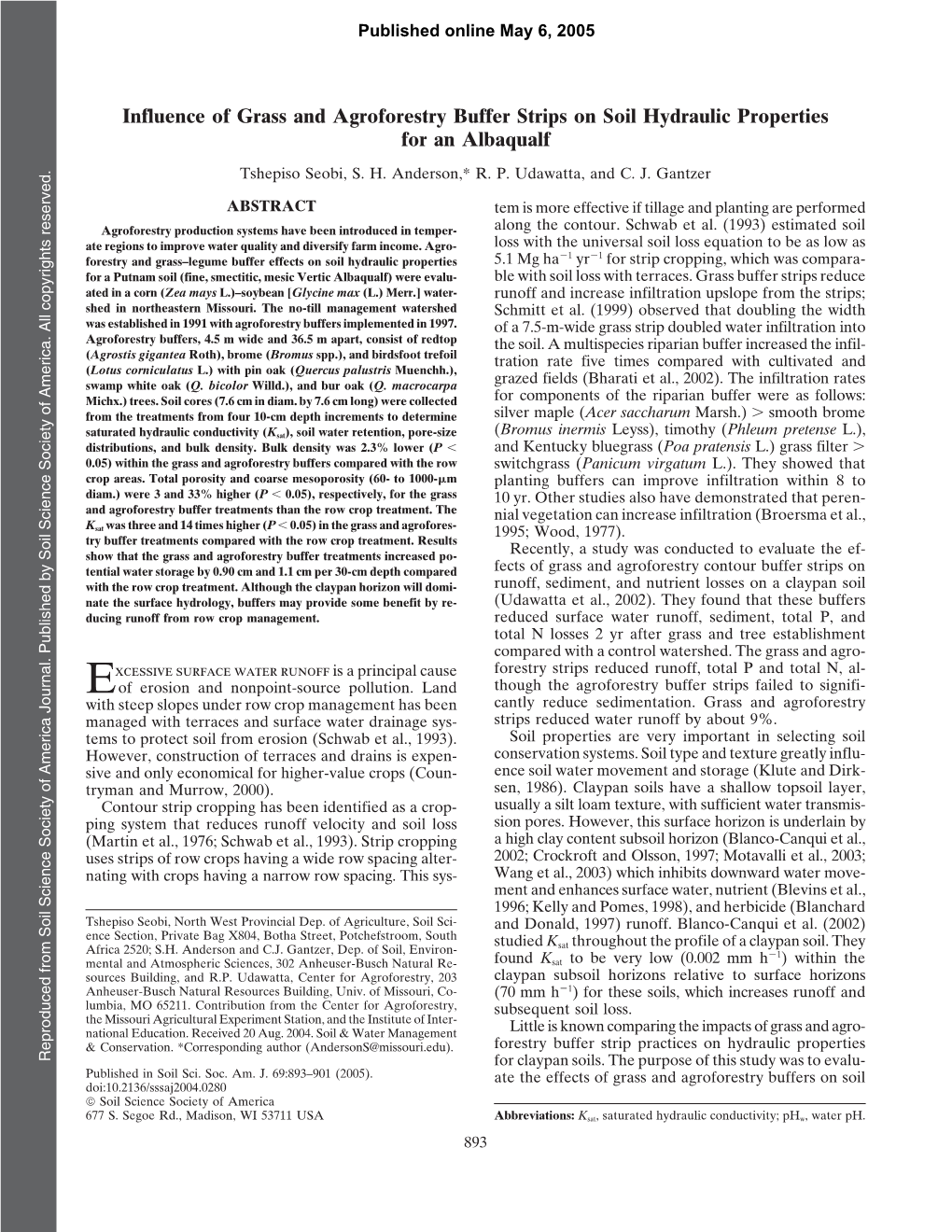 Influence of Grass and Agroforestry Buffer Strips on Soil Hydraulic Properties for an Albaqualf