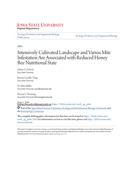 Intensively Cultivated Landscape and Varroa Mite Infestation Are Associated with Reduced Honey Bee Nutritional State Adam G
