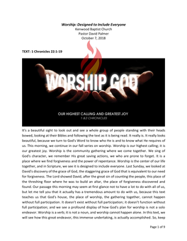 Worship: Designed to Include Everyone Kenwood Baptist Church Pastor David Palmer October 7, 2018