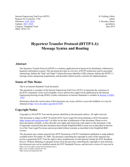 Hypertext Transfer Protocol (HTTP/1.1): Message Syntax and Routing