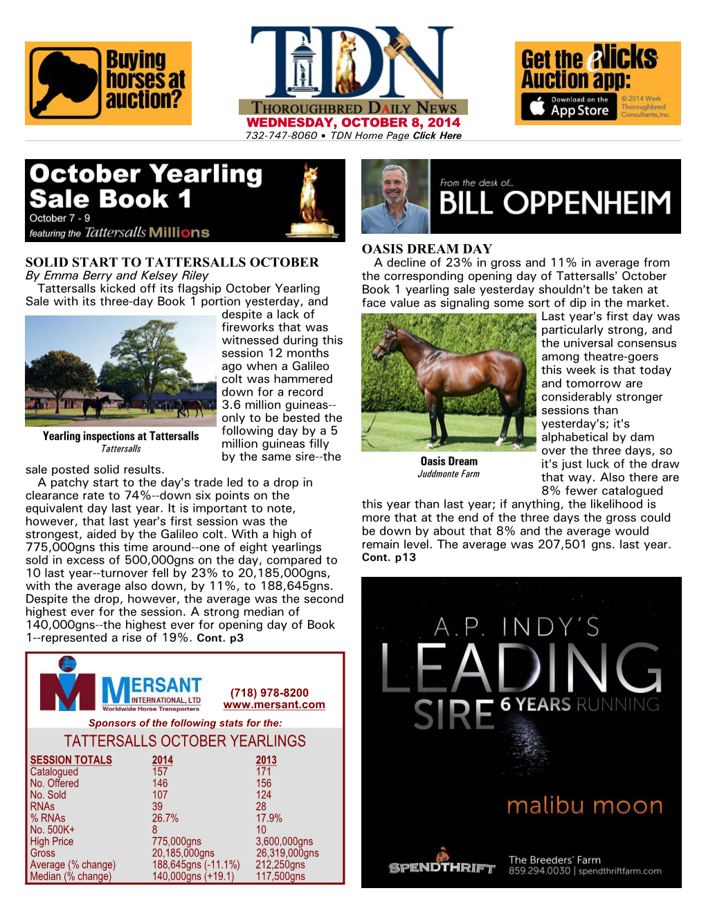 TATTERSALLS OCTOBER YEARLINGS SESSION TOTALS 2014 2013 Catalogued 157 171 No