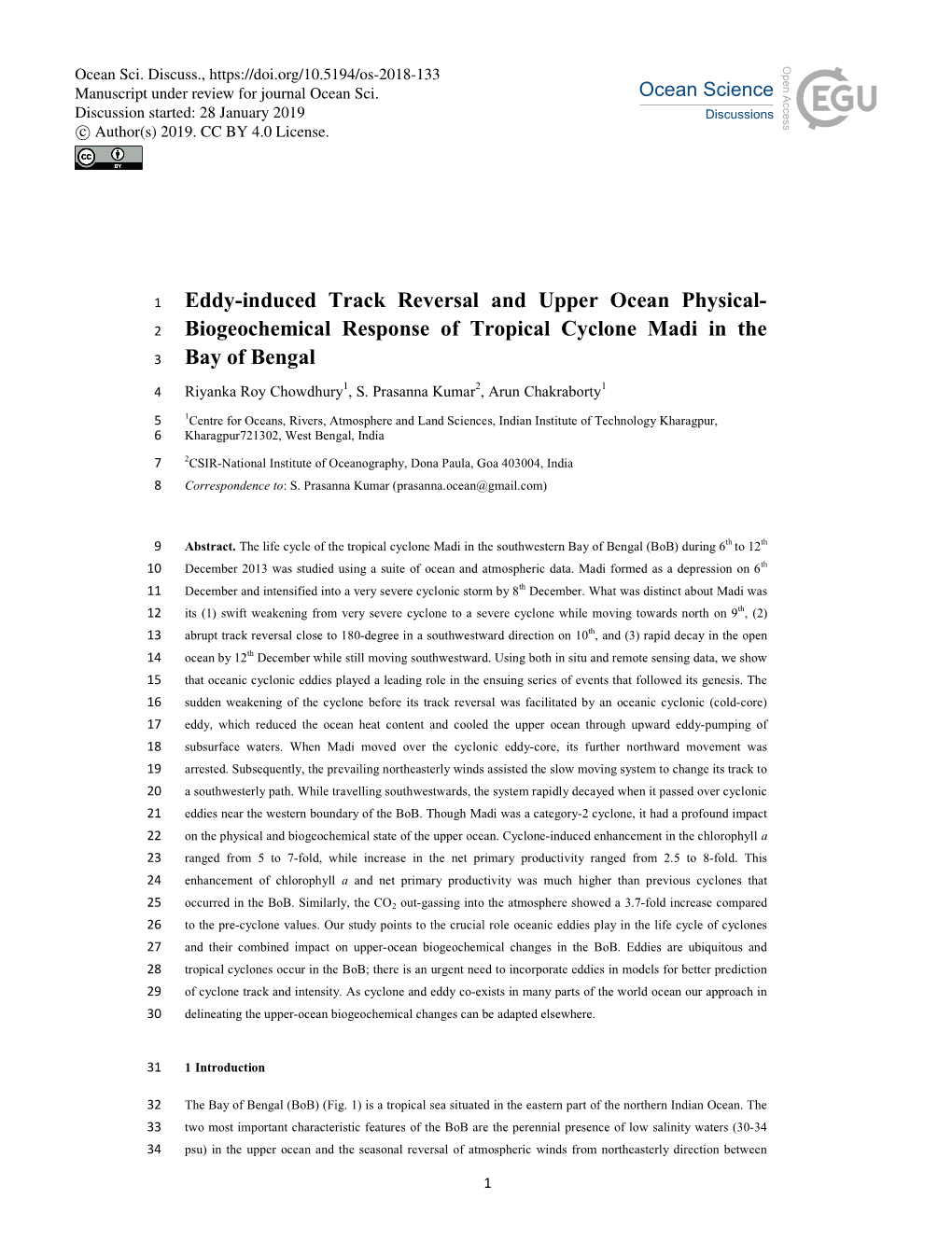 Biogeochemical Response of Tropical Cyclone Madi in the Bay of Bengal